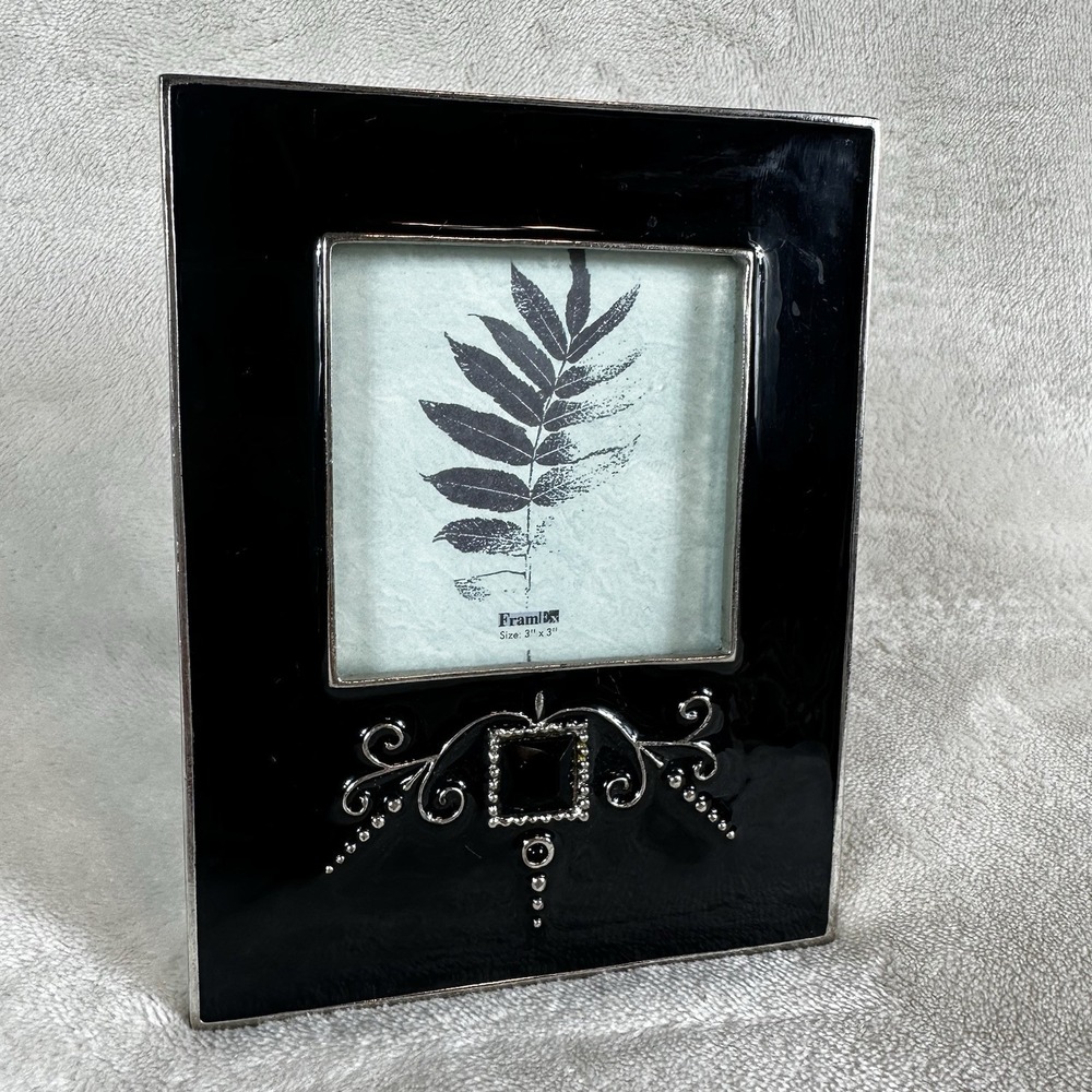 Decorative Black Glass Photo Frame Silver Small  Scroll Accent 3x3